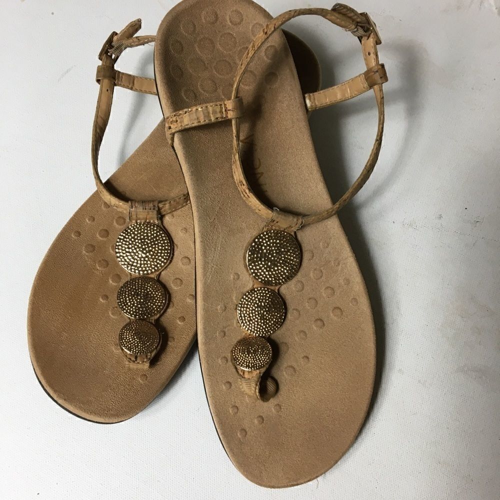Vionic tan /gold thong ankle strap sandals Sz 11